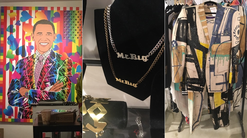 Obama by Ben Copperwheat; Mr. Big nameplate necklace; a pantsuit I die for by Jody Morlock.